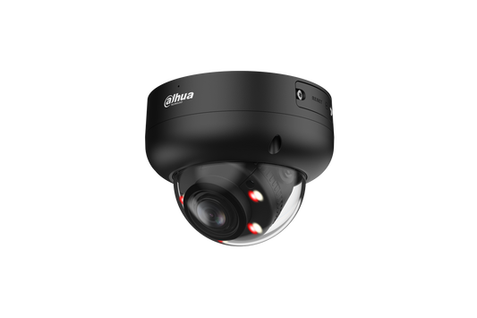 Zwarte Dahua 4MP AI dome camera met varifocale lens en vandaalbestendige behuizing.