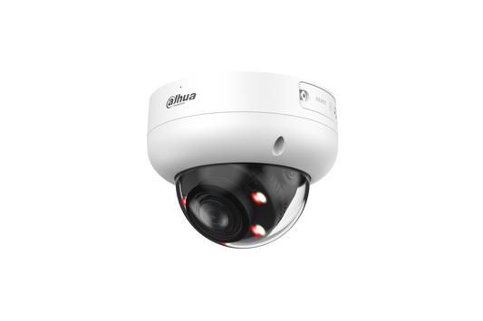 Witte Dahua IPC-HDBW3449R-ZS-IL dome beveiligingscamera met 4MP lens en ingebouwde IR-verlichting.