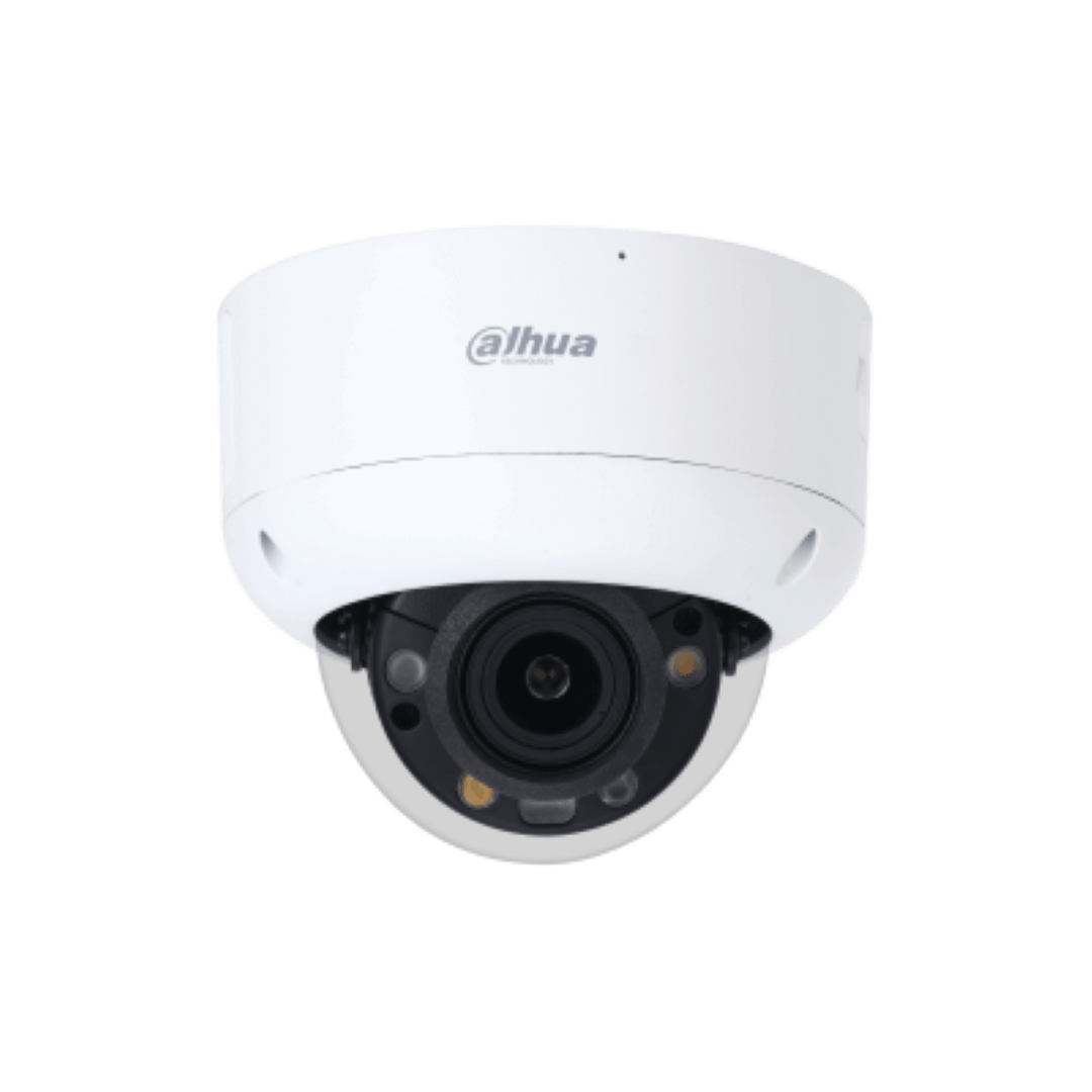 Witte Dahua IPC-HDBW3449R1-ZAS-PV dome beveiligingscamera met 4MP lens en ingebouwde IR- en warmlichtverlichting.
