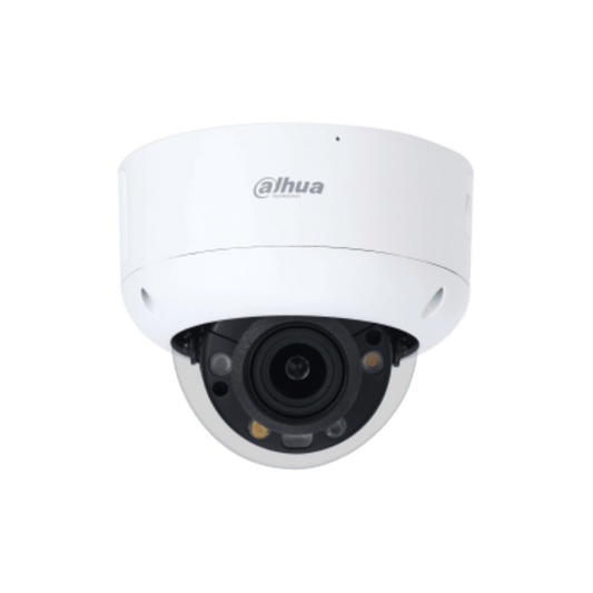 Witte Dahua IPC-HDBW3449R1-ZAS-PV dome beveiligingscamera met 4MP lens en ingebouwde IR- en warmlichtverlichting.
