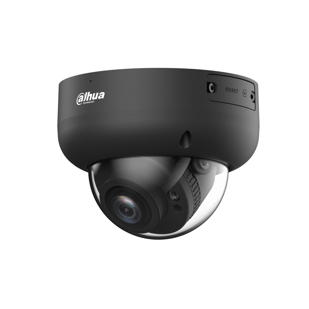 Zwarte Dahua IPC-HDBW3541R-ZS-S2 dome beveiligingscamera met 5MP lens en transparante koepel op witte achtergrond.