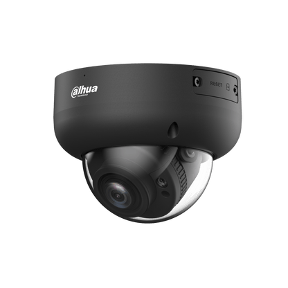 Zwarte Dahua IPC-HDBW3541R-ZS-S2 dome beveiligingscamera met 5MP lens en transparante koepel op witte achtergrond.