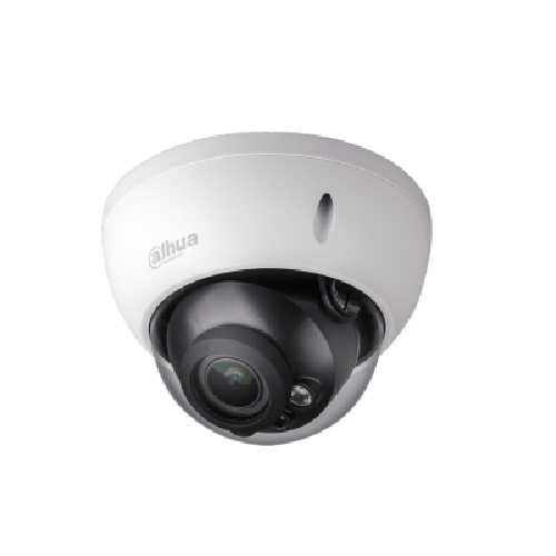 Witte Dahua IPC-HDBW3541R-ZS-S2 5MP dome beveiligingscamera met zwarte lensmodule en infraroodverlichting.