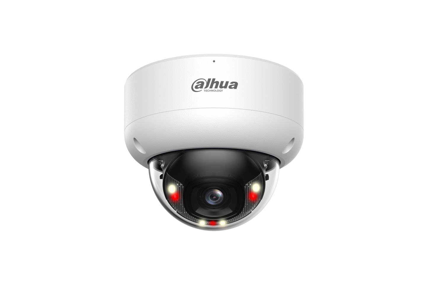 Witte Dahua WizSense dome-beveiligingscamera met 6MP lens, IR-LED's en warm licht in een vandaalbestendige behuizing.