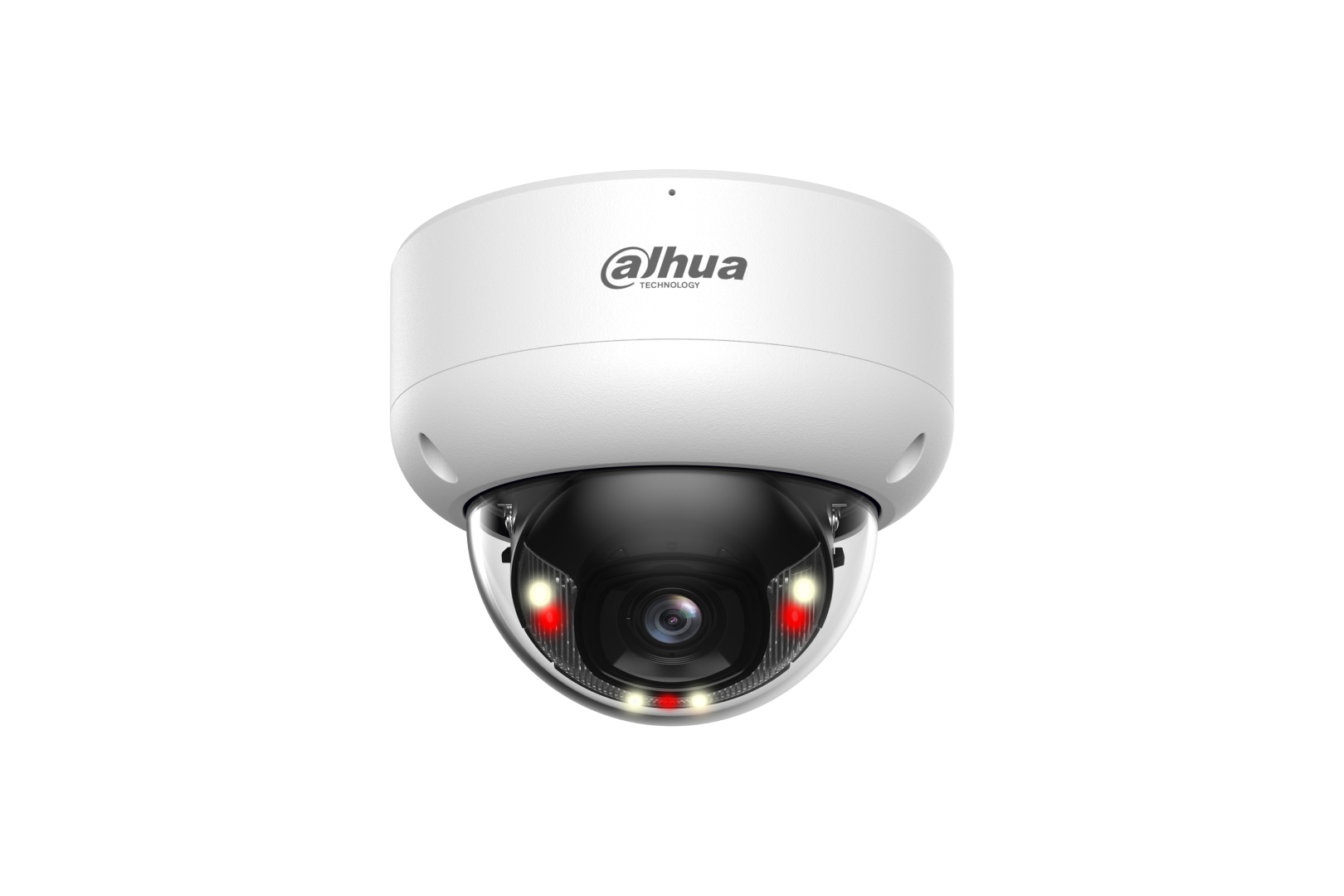 Witte Dahua WizSense dome-beveiligingscamera met 6MP lens, IR-LED's en warm licht in een vandaalbestendige behuizing.