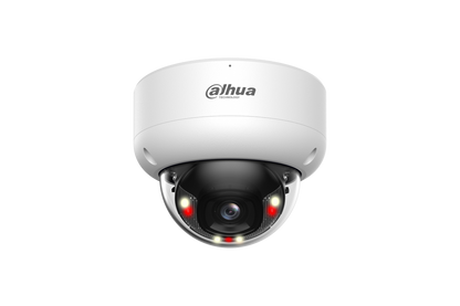 Witte Dahua WizSense dome-beveiligingscamera met 6MP lens, IR-LED's en warm licht in een vandaalbestendige behuizing.