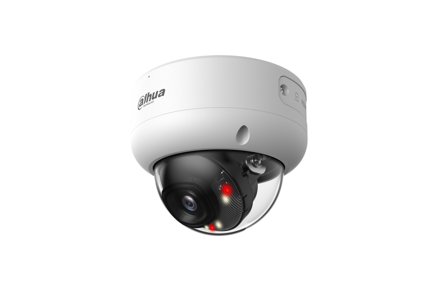 Witte Dahua WizSense dome-beveiligingscamera met 6MP lens, IR-verlichting en robuuste IP67-behuizing tegen witte achtergrond.