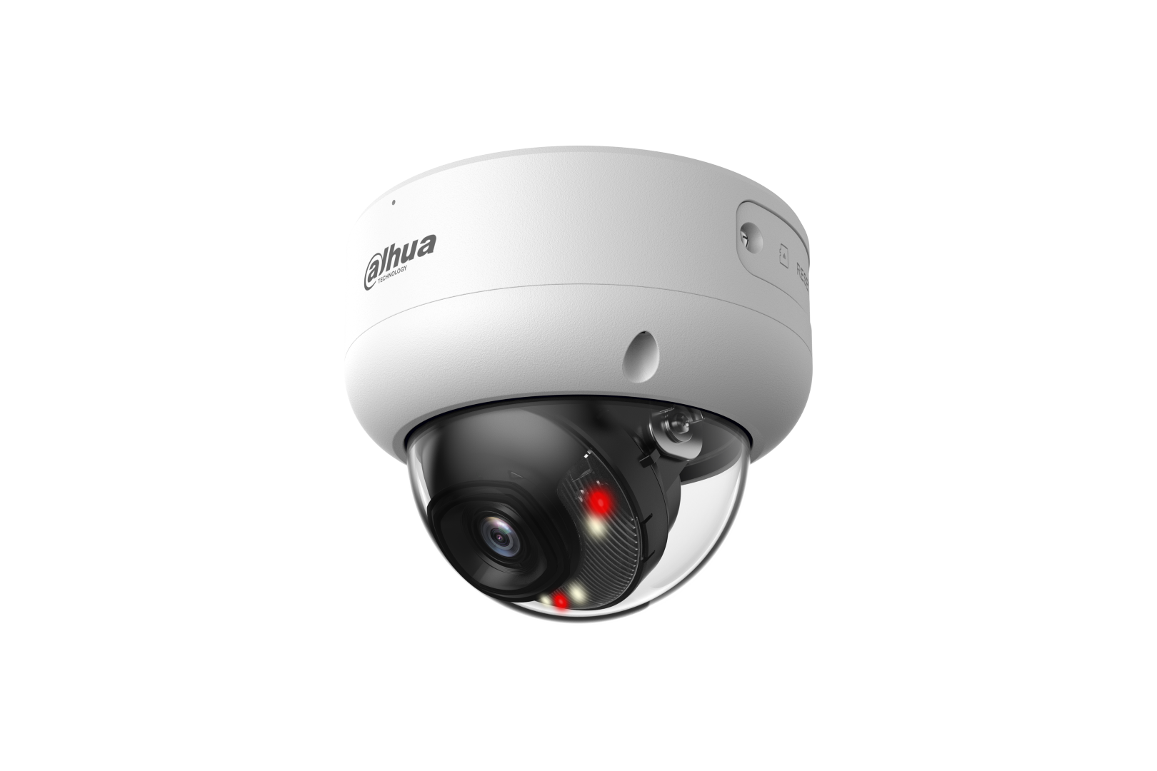 Witte Dahua WizSense dome-beveiligingscamera met 6MP lens, IR-verlichting en robuuste IP67-behuizing tegen witte achtergrond.