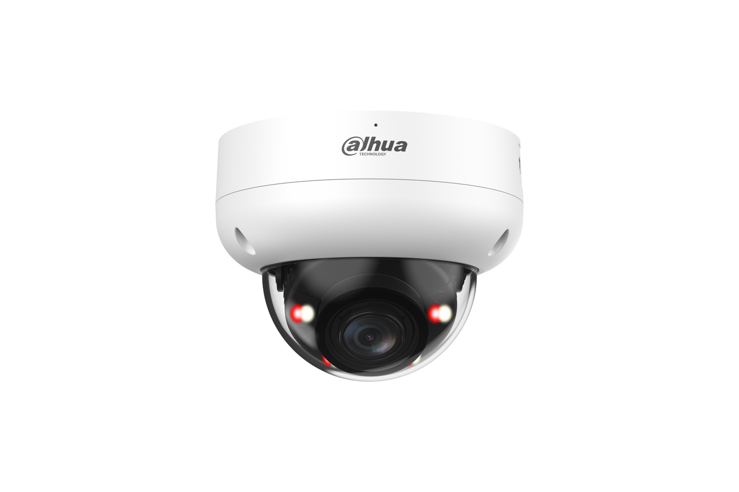 Witte Dahua IPC-HDBW3649R-ZS-IL dome-beveiligingscamera met 6MP lens en geïntegreerde IR- en warmlichtverlichting.