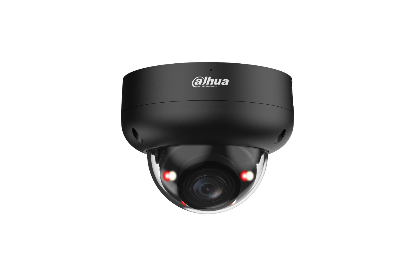 Zwarte Dahua IPC-HDBW3649R-ZS-IL dome beveiligingscamera met 2.7-13.5mm lens en ingebouwde verlichting.