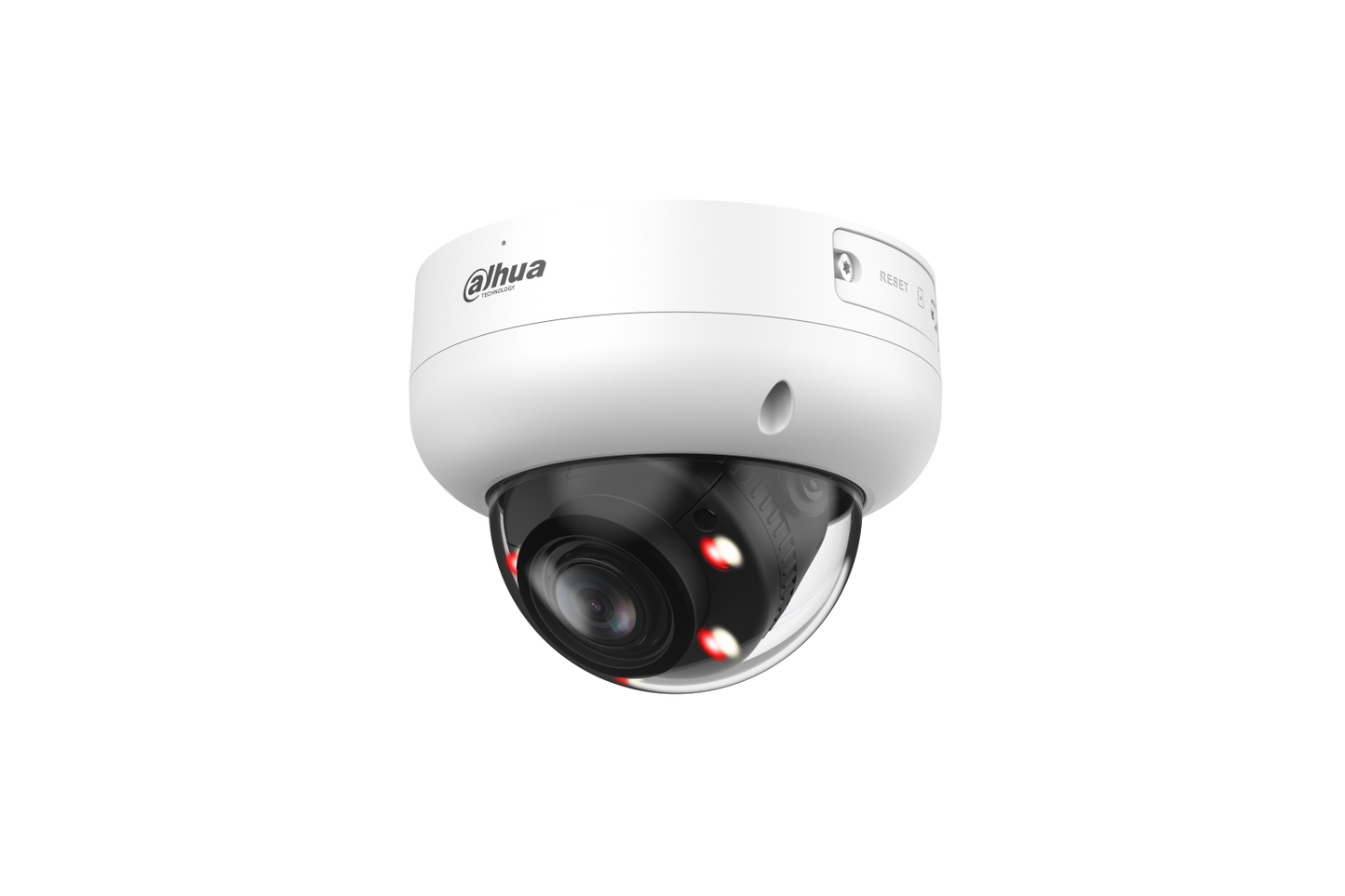 Witte Dahua IPC-HDBW3649R-ZS-IL dome-beveiligingscamera met 2.7-13.5mm varifocale lens en geïntegreerde IR- en warmlichtverlichting.