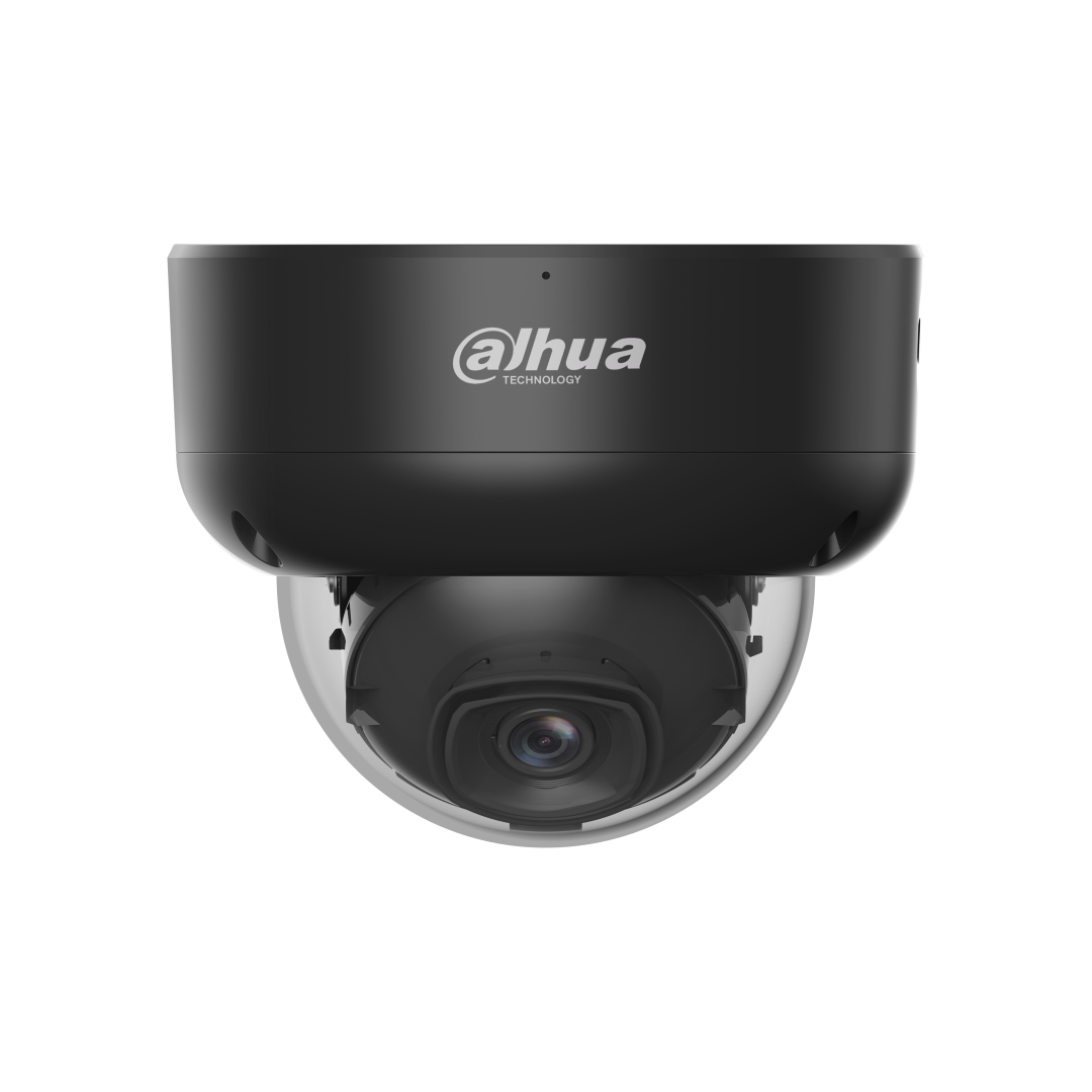 Zwarte Dahua IPC-HDBW3841E-AS-S2 dome beveiligingscamera met 8MP lens en robuuste behuizing voor buiten.