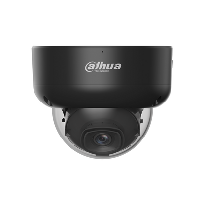 Zwarte Dahua IPC-HDBW3841E-AS-S2 dome beveiligingscamera met 8MP lens en robuuste behuizing voor buiten.