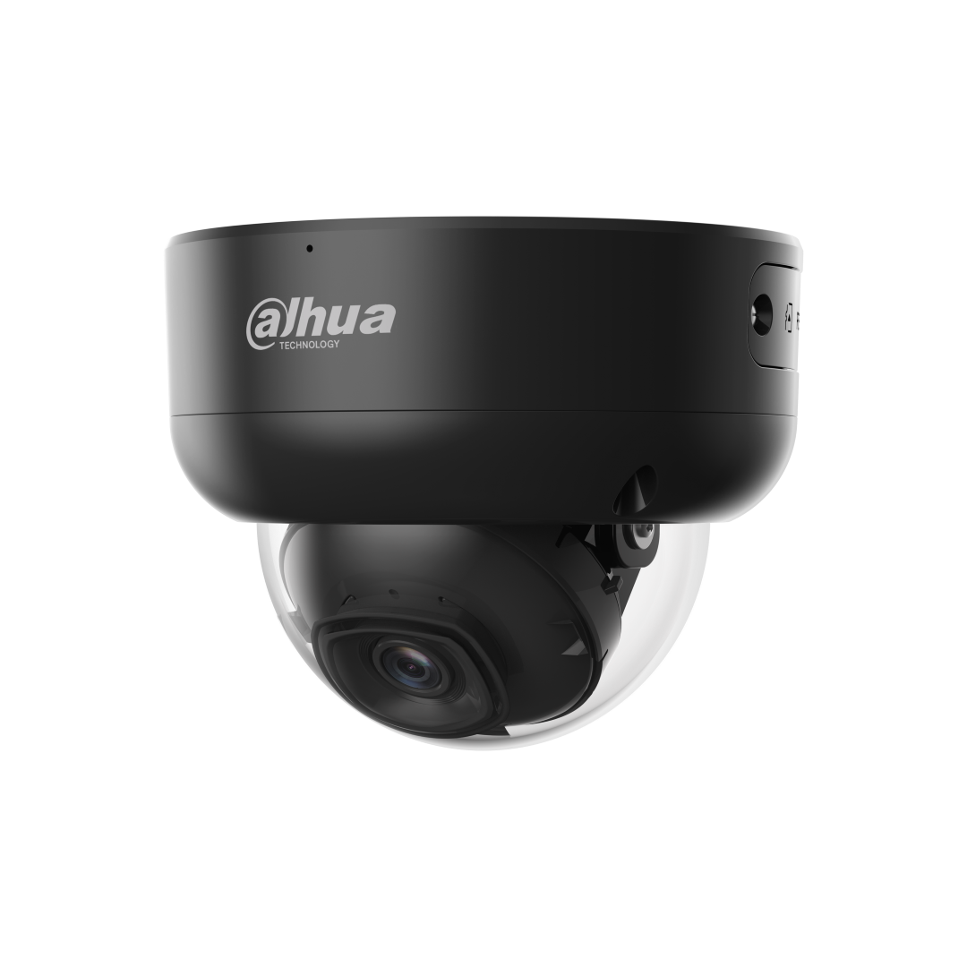 Zwarte Dahua IPC-HDBW3841E-AS-S2 dome beveiligingscamera met 8MP lens en robuuste behuizing voor buiten.