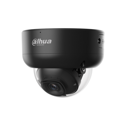 Zwarte Dahua IPC-HDBW3841E-AS-S2 dome beveiligingscamera met 8MP lens en robuuste behuizing voor buiten.