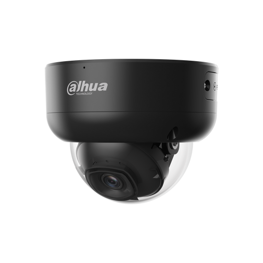 Zwarte Dahua IPC-HDBW3841E-AS-S2 dome beveiligingscamera met 8MP lens en robuuste behuizing voor buiten.