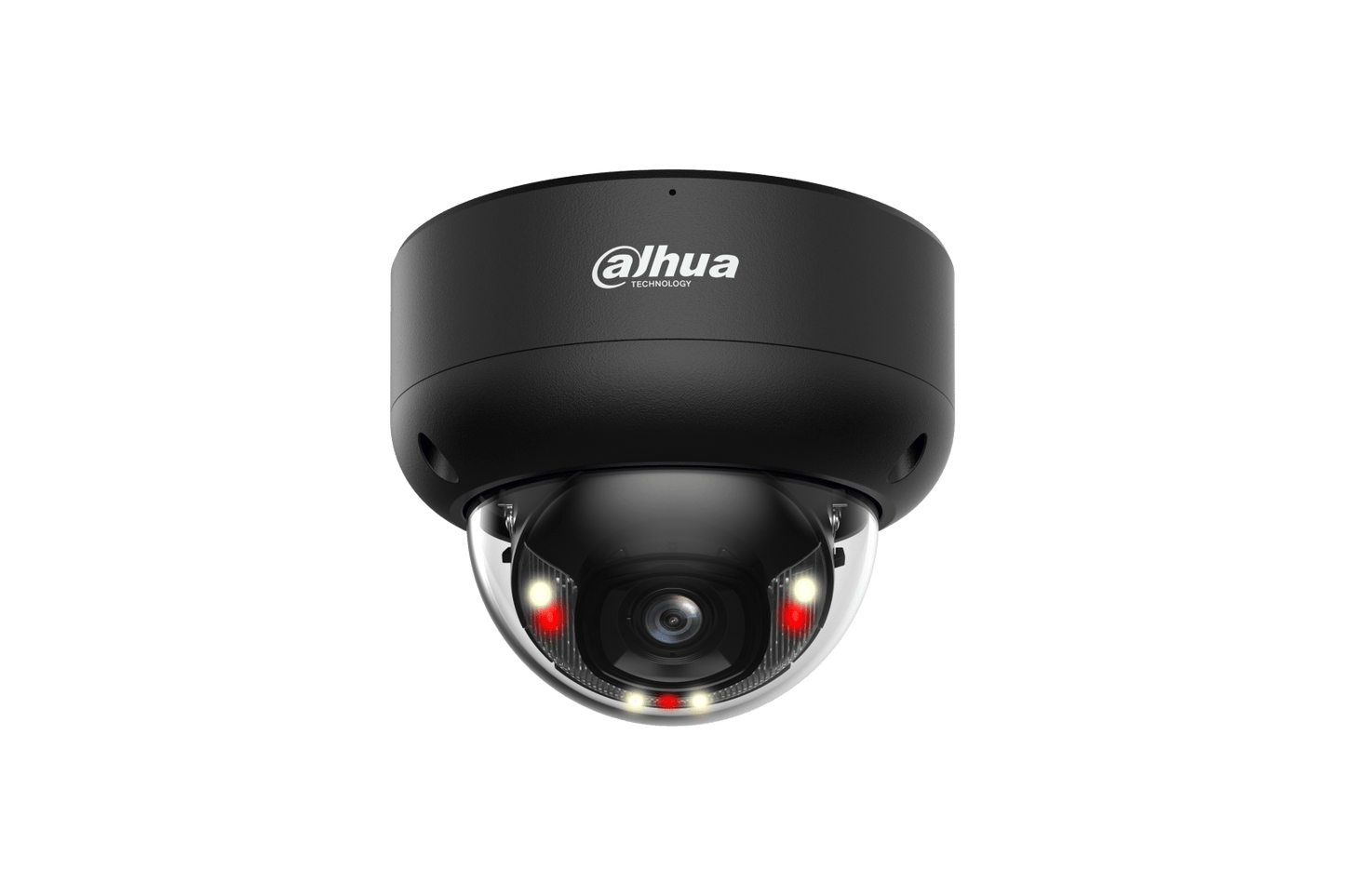 Zwarte Dahua IPC-HDBW3849E-AS-IL dome beveiligingscamera met 8MP lens en ingebouwde IR- en warmlichtverlichting.