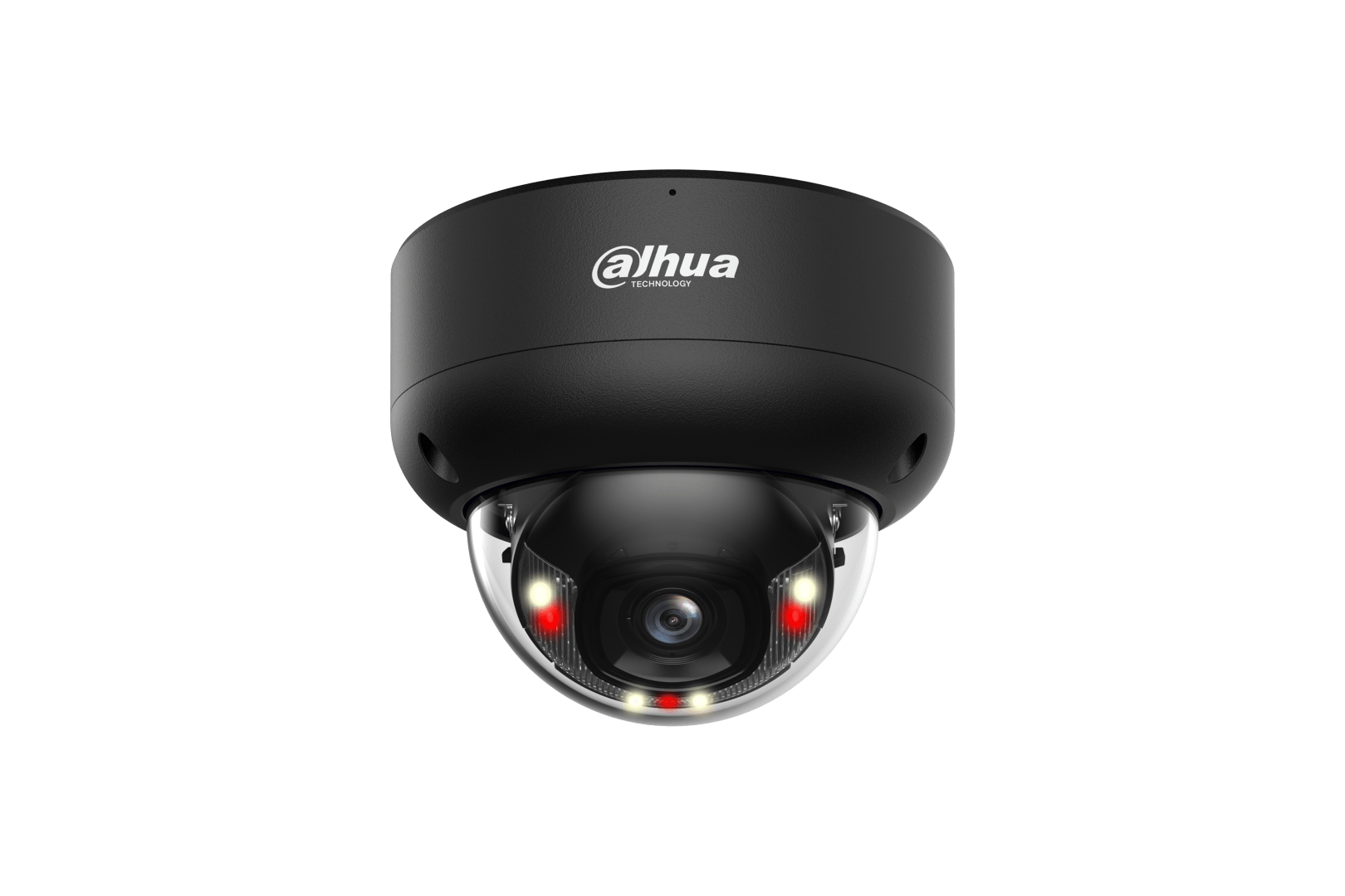 Zwarte Dahua IPC-HDBW3849E-AS-IL dome beveiligingscamera met 8MP lens en ingebouwde IR- en warmlichtverlichting.