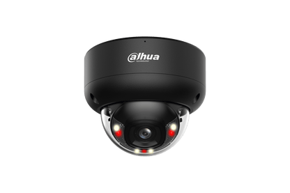 Zwarte Dahua IPC-HDBW3849E-AS-IL dome beveiligingscamera met 8MP lens en ingebouwde IR- en warmlichtverlichting.