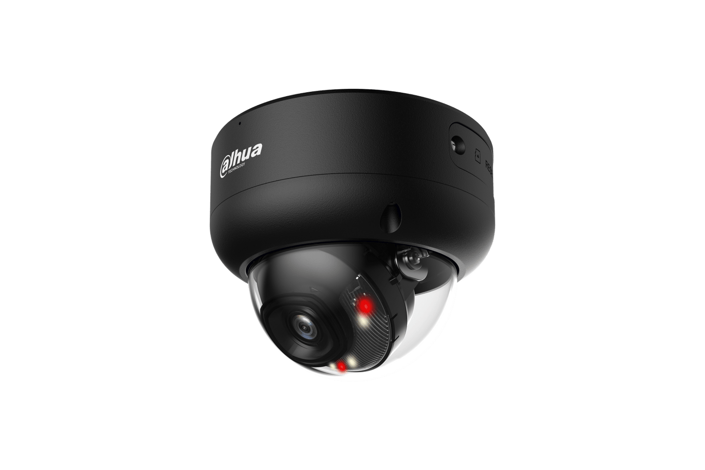 Zwarte Dahua IPC-HDBW3849E-AS-IL 8MP dome-beveiligingscamera met 2.8mm lens en ingebouwde IR- en warmlichtverlichting.