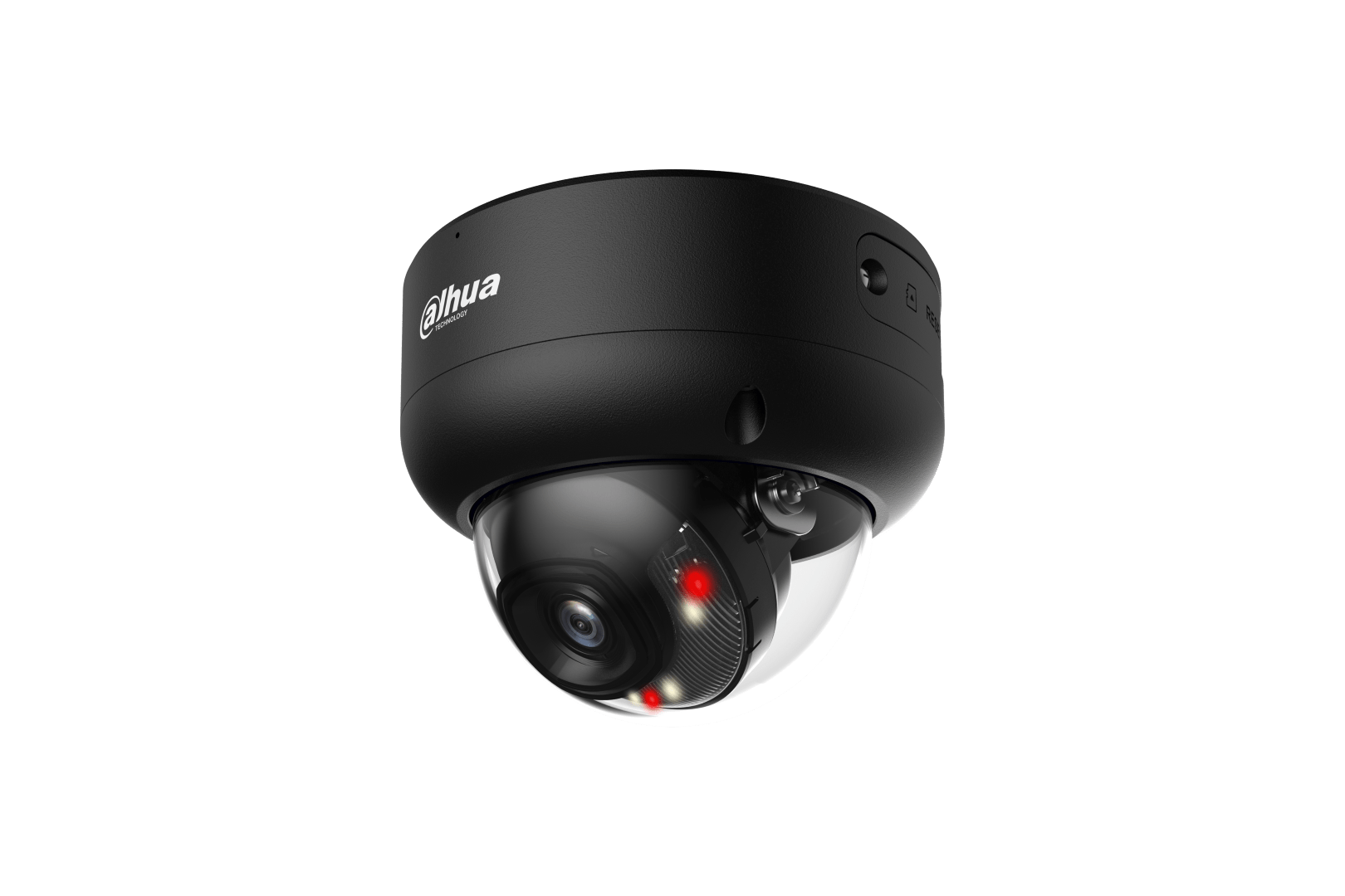 Zwarte Dahua IPC-HDBW3849E-AS-IL 8MP dome-beveiligingscamera met 2.8mm lens en ingebouwde IR- en warmlichtverlichting.