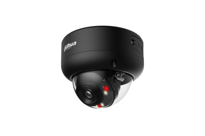 Zwarte Dahua IPC-HDBW3849E-AS-IL 8MP dome-beveiligingscamera met 2.8mm lens en ingebouwde IR- en warmlichtverlichting.