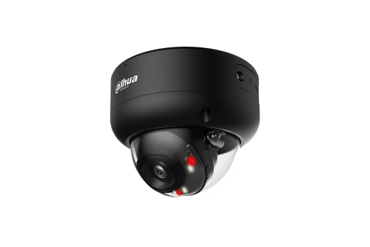Zwarte Dahua IPC-HDBW3849E-AS-IL 8MP dome-beveiligingscamera met 2.8mm lens en ingebouwde IR- en warmlichtverlichting.