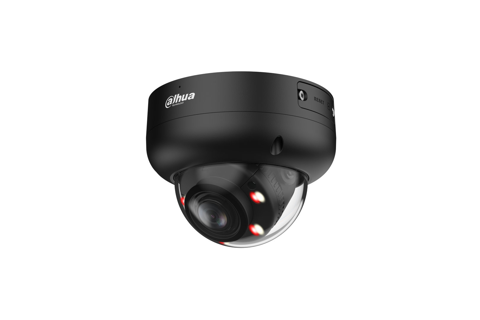 Zwarte Dahua WizSense dome-beveiligingscamera met 8MP lens en ingebouwde verlichting in een robuuste IK10-behuizing.