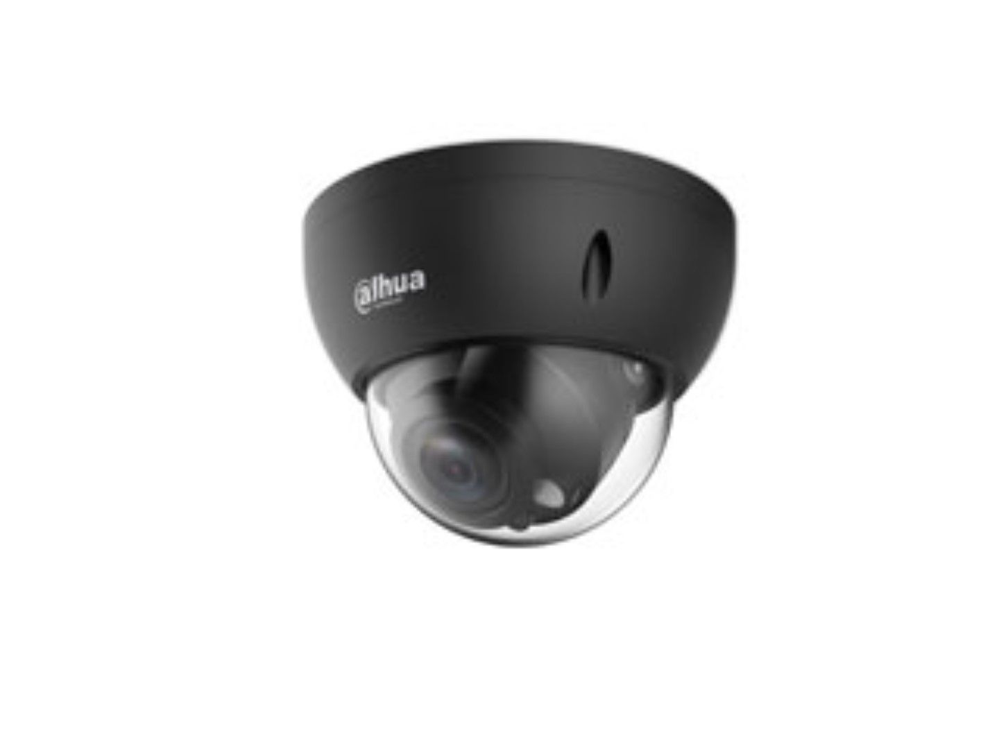 Zwarte Dahua IPC-HDBW3849R1-ZAS-PV 8MP dome beveiligingscamera met transparante koepel en strak design.