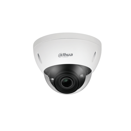 Witte Dahua IPC-HDBW5241E-ZE dome beveiligingscamera met zwarte lens en robuuste vandaalbestendige behuizing.