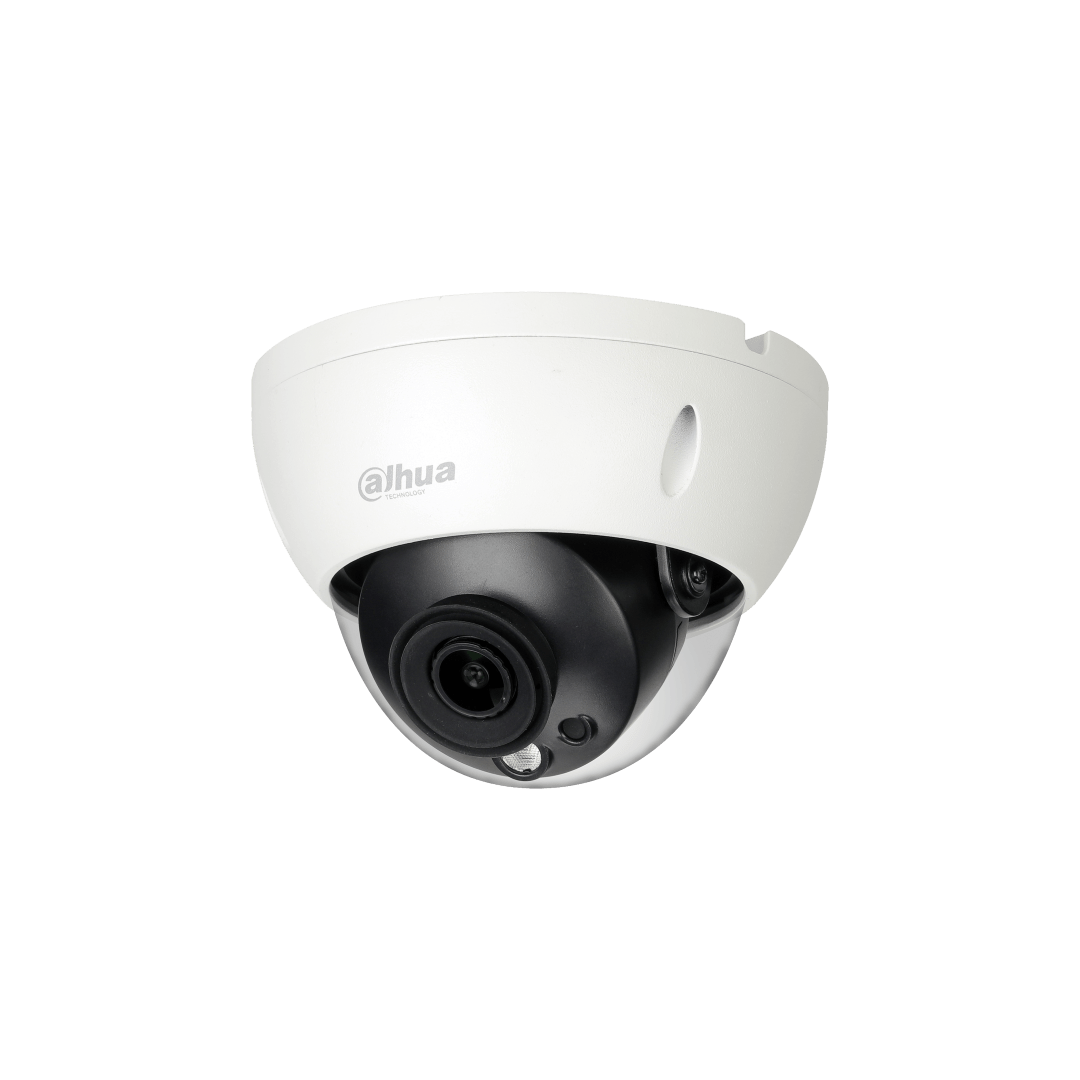 Witte Dahua IPC-HDBW5241R-ASE dome beveiligingscamera met zwarte lens en robuuste IP67 behuizing voor buiten.