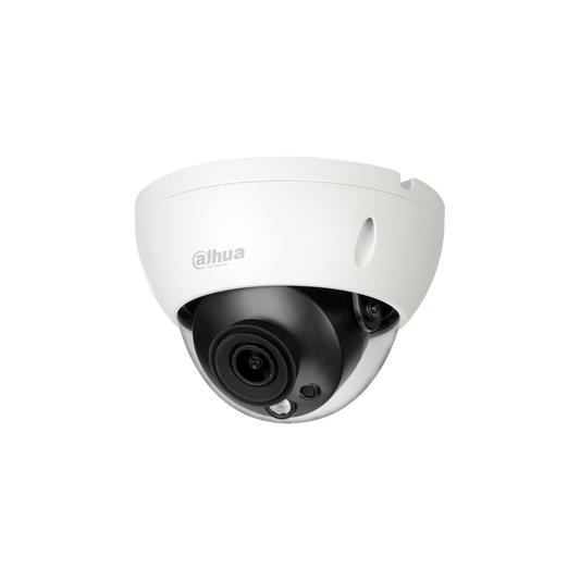 Witte Dahua IPC-HDBW5241R-ASE dome beveiligingscamera met zwarte lens en robuuste IP67 behuizing voor buiten.