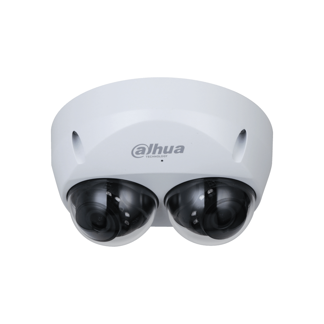 Witte Dahua WizMind dual-lens dome beveiligingscamera met twee zwarte cameralenzen in een robuuste, weerbestendige behuizing.