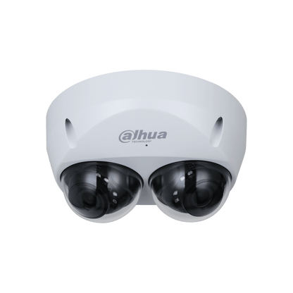 Witte Dahua WizMind dual-lens dome beveiligingscamera met twee zwarte cameralenzen in een robuuste, weerbestendige behuizing.
