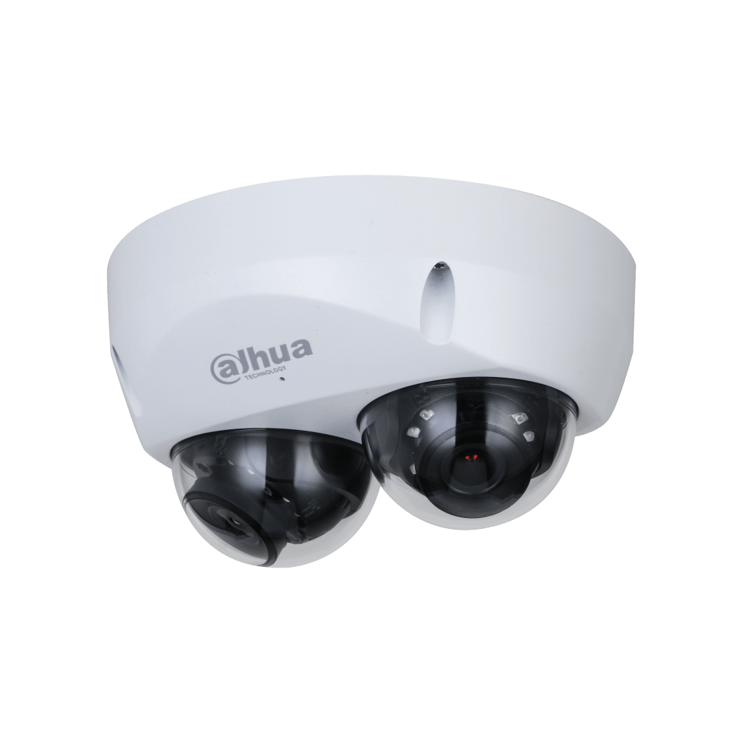 Witte Dahua WizMind dual-lens dome beveiligingscamera met twee verstelbare lenzen in een robuuste behuizing.