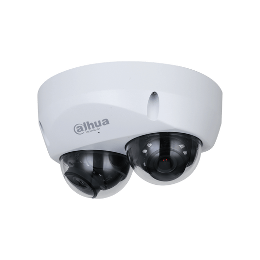 Witte Dahua WizMind dual-lens dome beveiligingscamera met twee verstelbare lenzen in een robuuste behuizing.