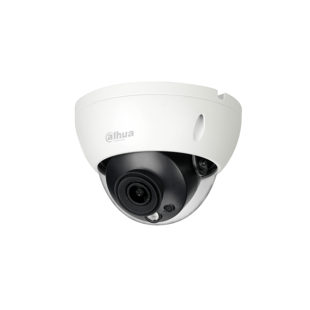 Witte Dahua IPC-HDBW5442R-ASE dome beveiligingscamera met zwarte lensmodule en robuuste IP67 IK10 behuizing.
