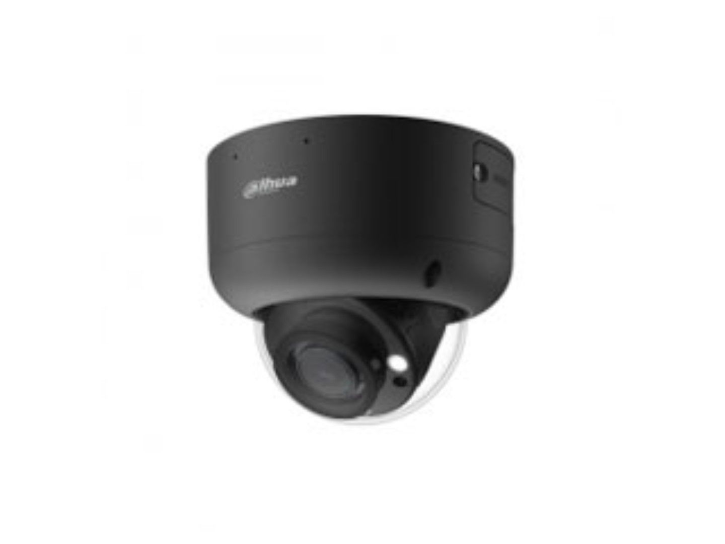 Zwarte Dahua IPC-HDBW5449R-ASE-LED dome beveiligingscamera met 4MP lens en ingebouwde warme verlichting.