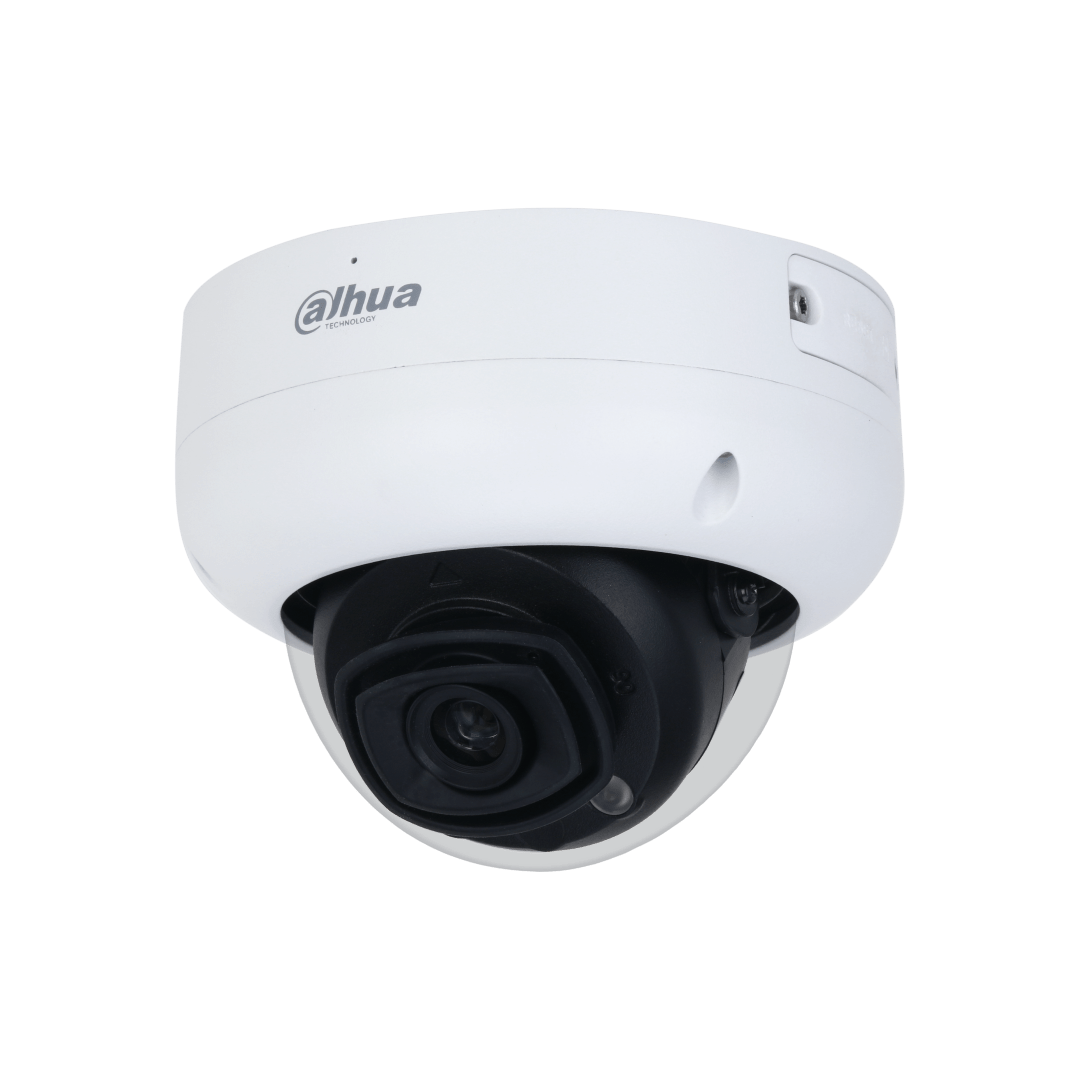 Witte Dahua IPC-HDBW5449R-ASE-LED dome beveiligingscamera met zwarte lens en ingebouwde warme LED-verlichting.