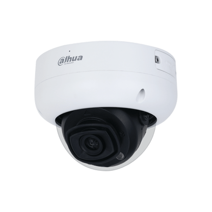 Witte Dahua IPC-HDBW5449R-ASE-LED dome beveiligingscamera met zwarte lens en ingebouwde warme LED-verlichting.