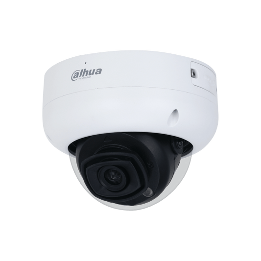 Witte Dahua IPC-HDBW5449R-ASE-LED dome beveiligingscamera met zwarte lens en ingebouwde warme LED-verlichting.