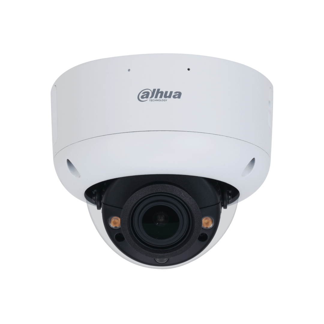 Witte Dahua IPC-HDBW5449R1-ZE-LED dome beveiligingscamera met 4MP lens en ingebouwde warme LED-verlichting.