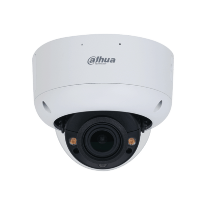 Witte Dahua IPC-HDBW5449R1-ZE-LED dome beveiligingscamera met 4MP lens en ingebouwde warme LED-verlichting.