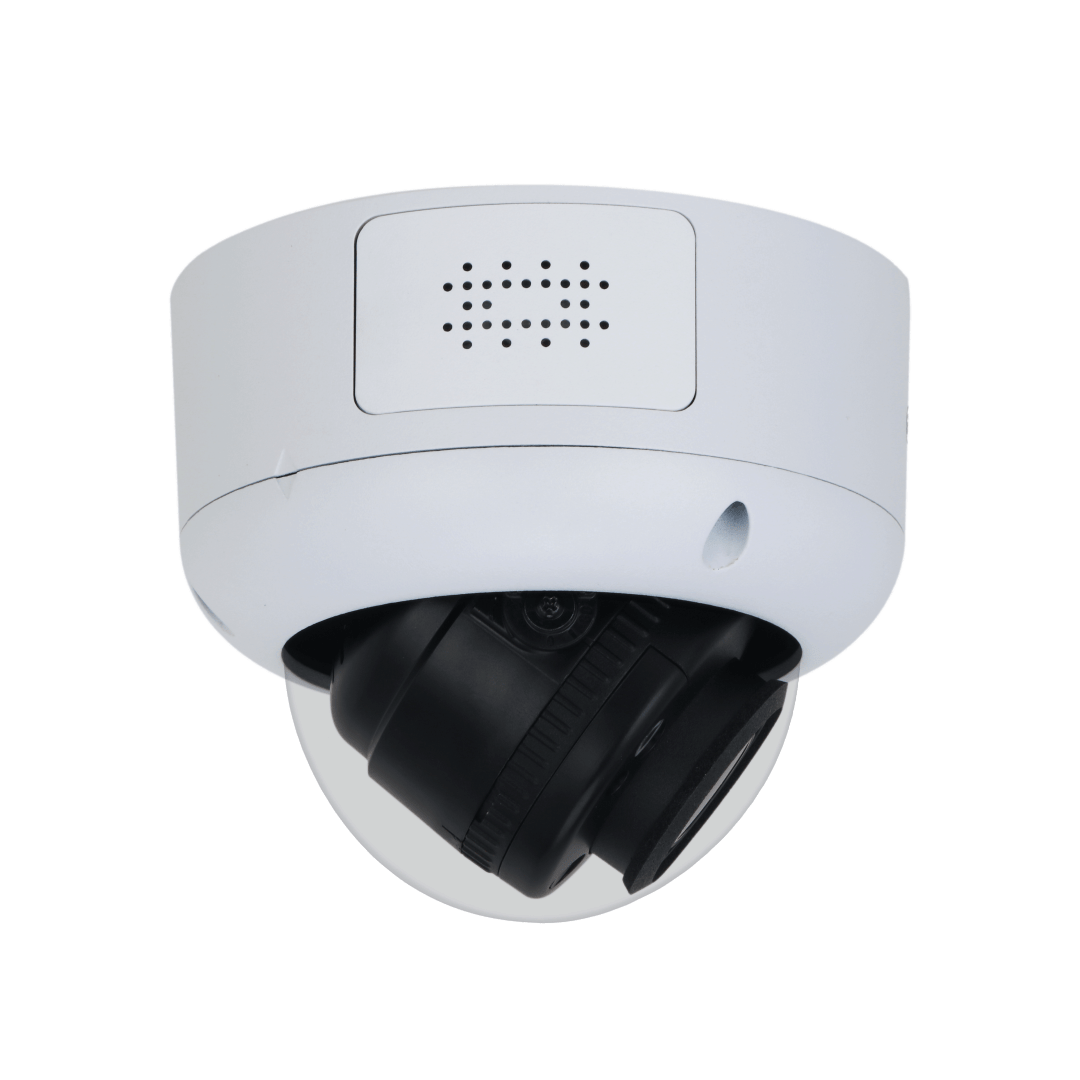 Witte Dahua IPC-HDBW5449R1-ZE-LED dome beveiligingscamera met zwarte lens en ingebouwde warme LED-verlichting.