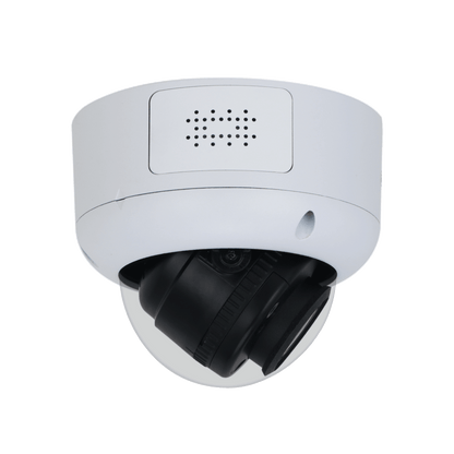 Witte Dahua IPC-HDBW5449R1-ZE-LED dome beveiligingscamera met zwarte lens en ingebouwde warme LED-verlichting.