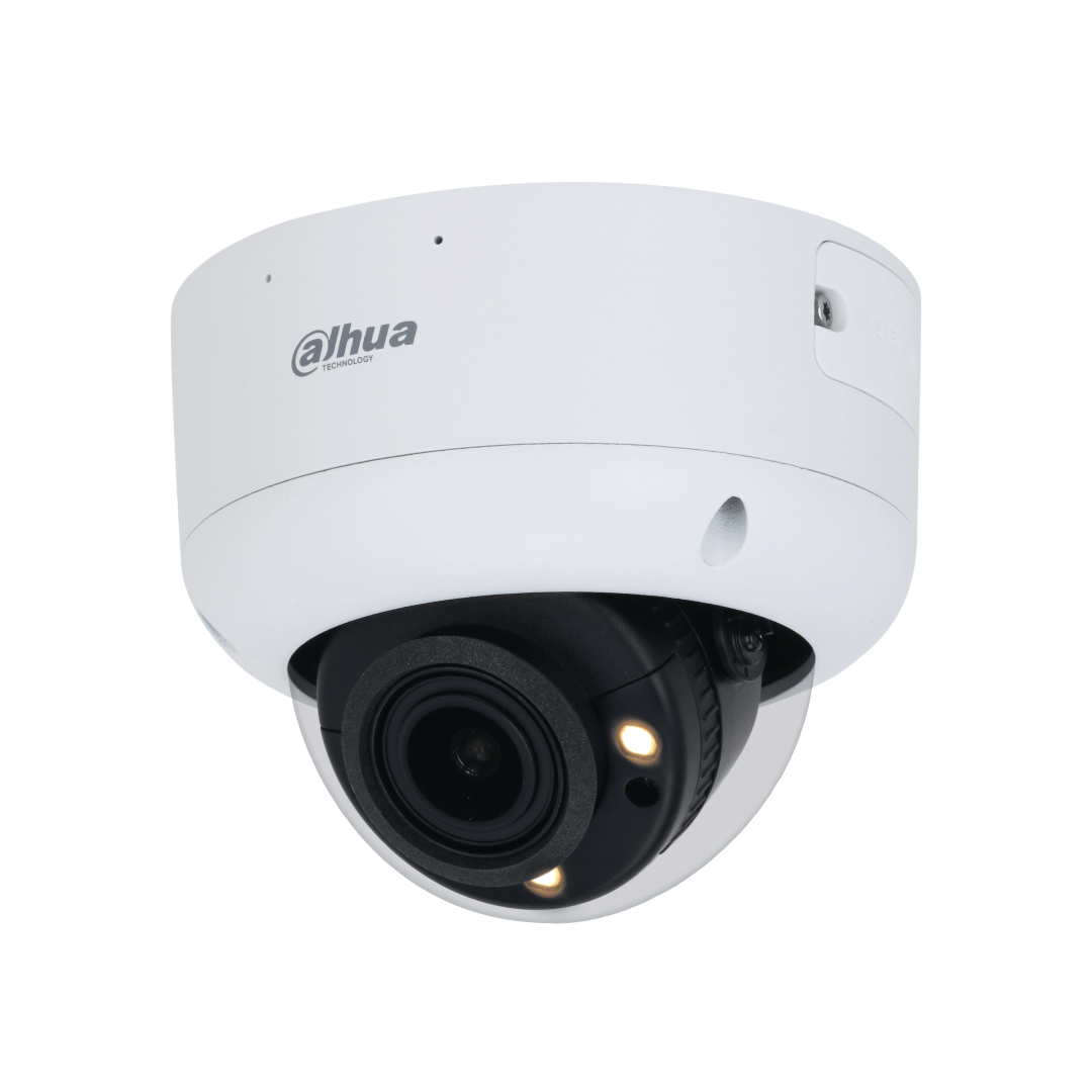 Witte Dahua IPC-HDBW5449R1-ZE-LED dome beveiligingscamera met 4MP lens en ingebouwde warme LED-verlichting.