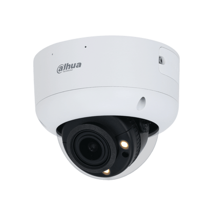 Witte Dahua IPC-HDBW5449R1-ZE-LED dome beveiligingscamera met 4MP lens en ingebouwde warme LED-verlichting.