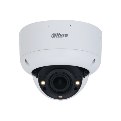 Witte Dahua IPC-HDBW5449R1-ZE-LED domecamera met 4MP lens en ingebouwde warme LED-verlichting voor nachtzicht.