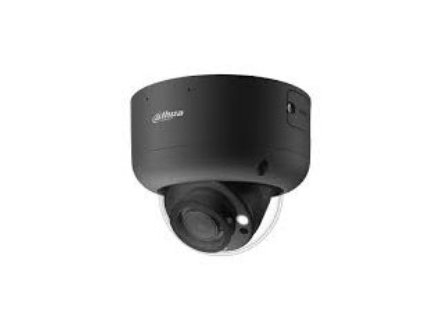 Zwarte Dahua IPC-HDBW5449R1-ZE-LED dome beveiligingscamera met 4MP sensor en ingebouwde warme LED-verlichting.