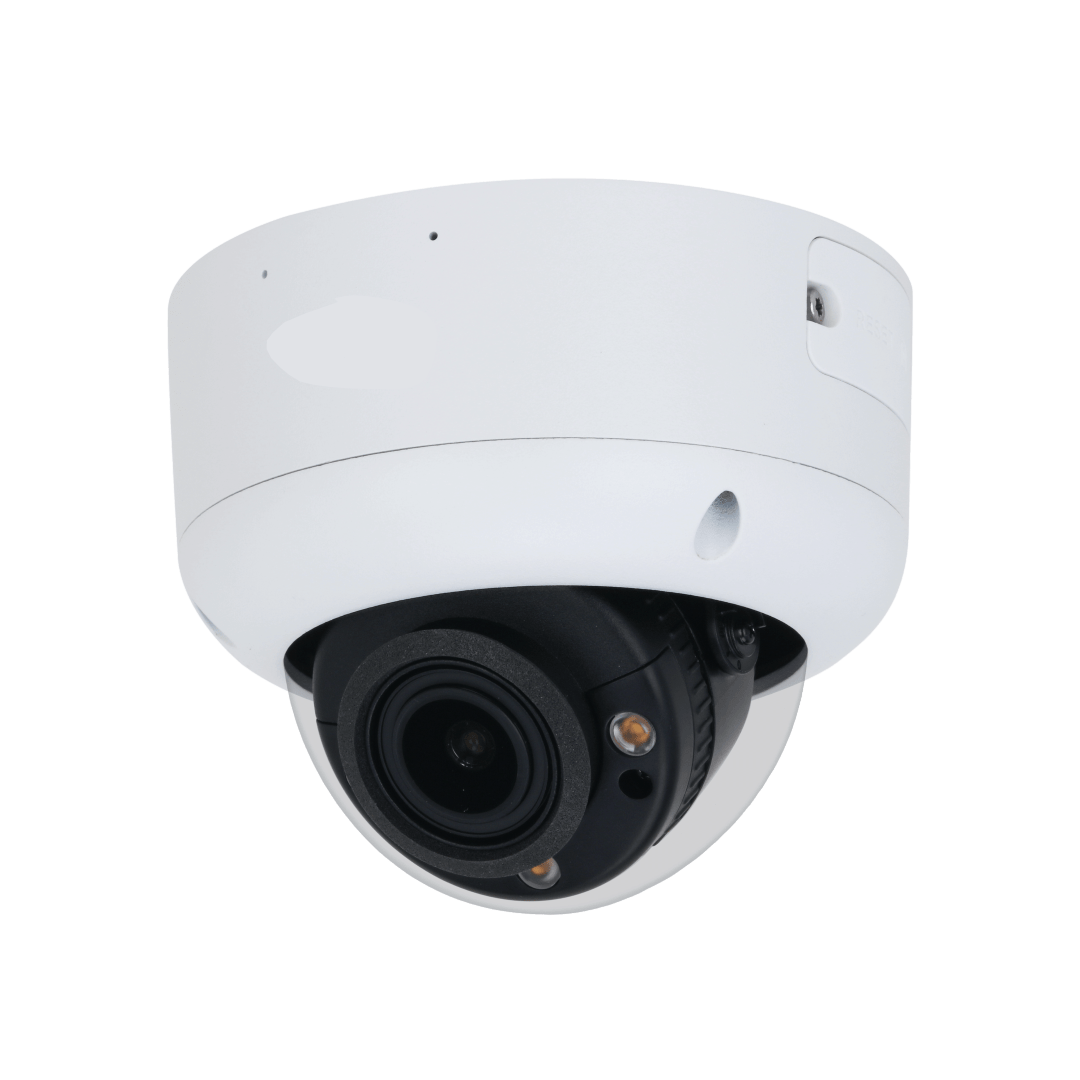 Witte Dahua 4MP dome beveiligingscamera met zwarte lensmodule en ingebouwde warme LED-verlichting voor buiten.